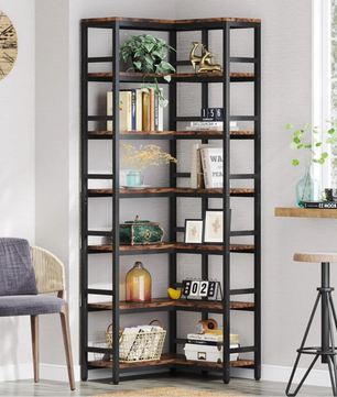 Hoge Industriële Hoekboekenkast met 7 Planken – Houten Opbergrek met Zwart Metalen Frame
