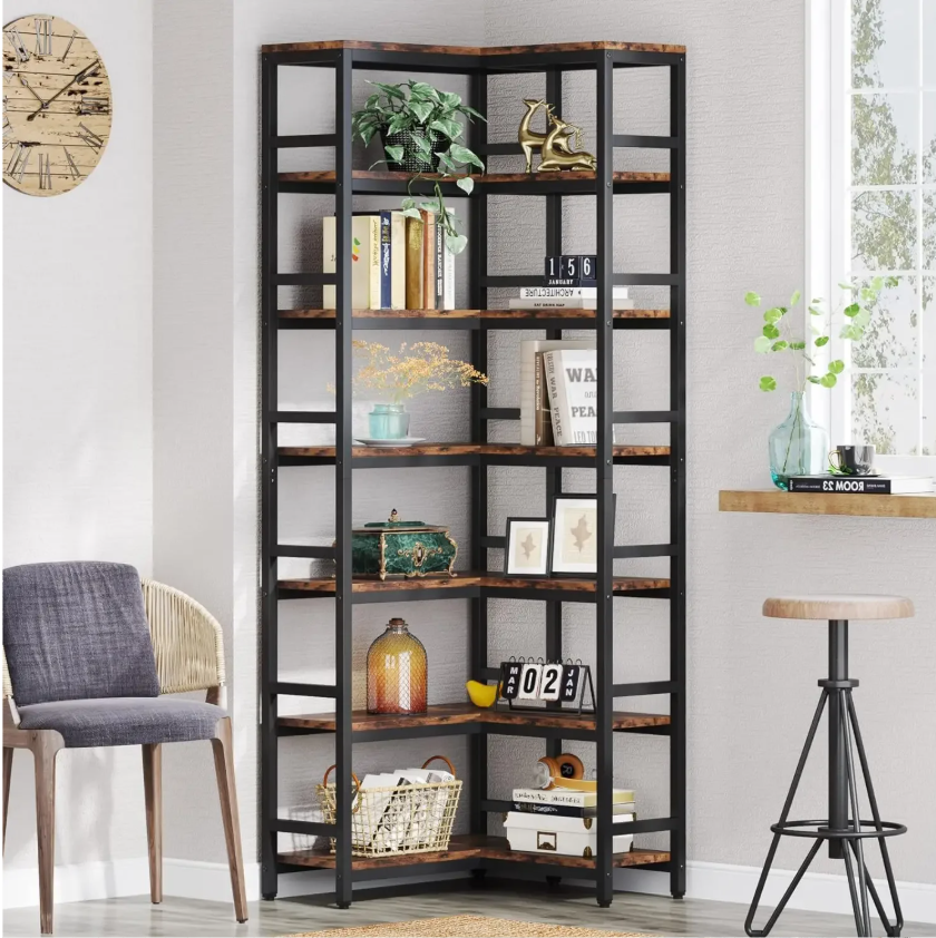 Hoge Industriële Hoekboekenkast met 7 Planken – Houten Opbergrek met Zwart Metalen Frame