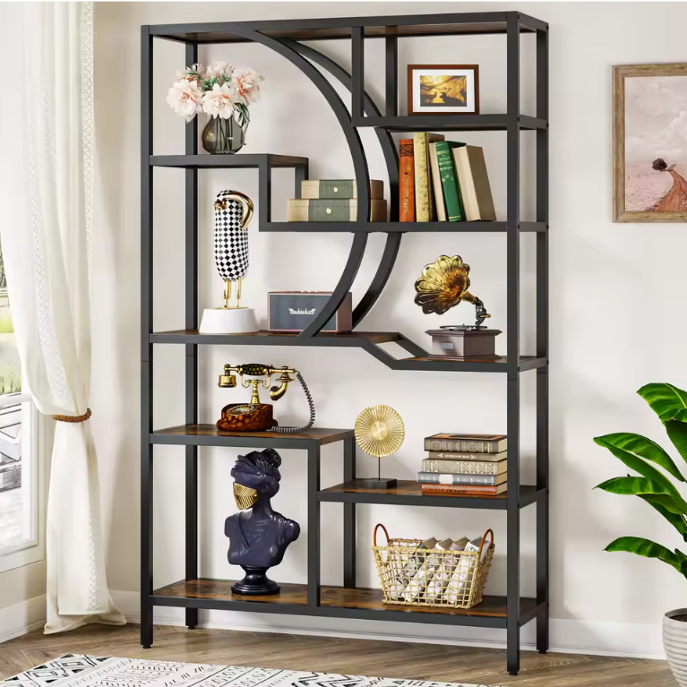 Industriële Boekenkast met 6 Planken – Houten Opbergrek met Metalen Frame, Vintage Open Etagère 175 cm