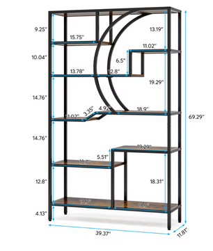 Industriële Boekenkast met 6 Planken – Houten Opbergrek met Metalen Frame, Vintage Open Etagère 175 cm