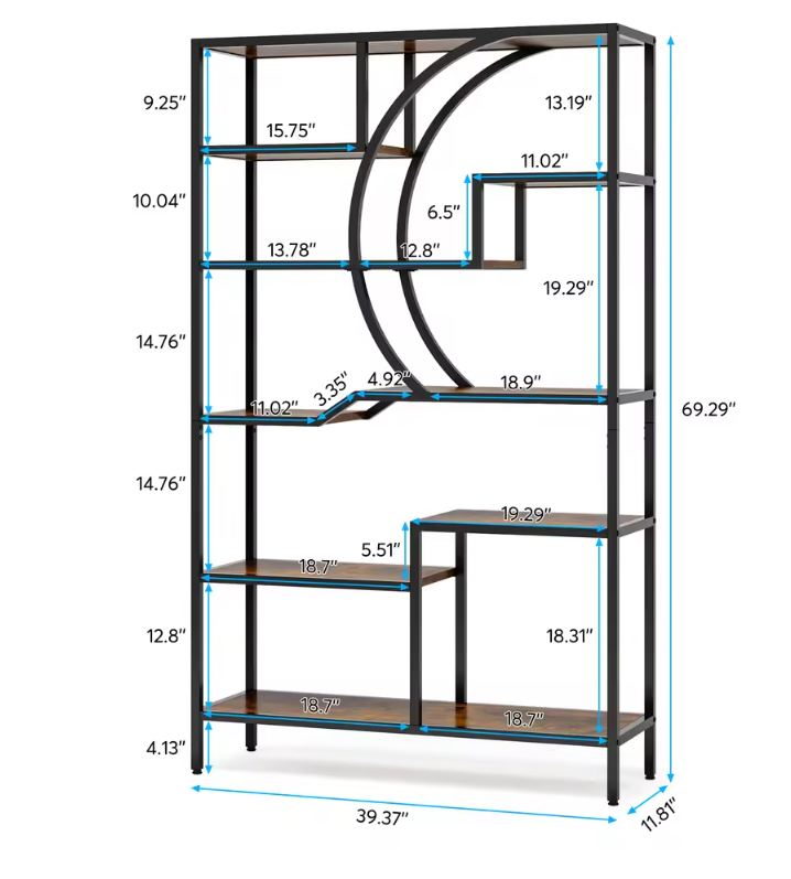Industriële Boekenkast met 6 Planken – Houten Opbergrek met Metalen Frame, Vintage Open Etagère 175 cm