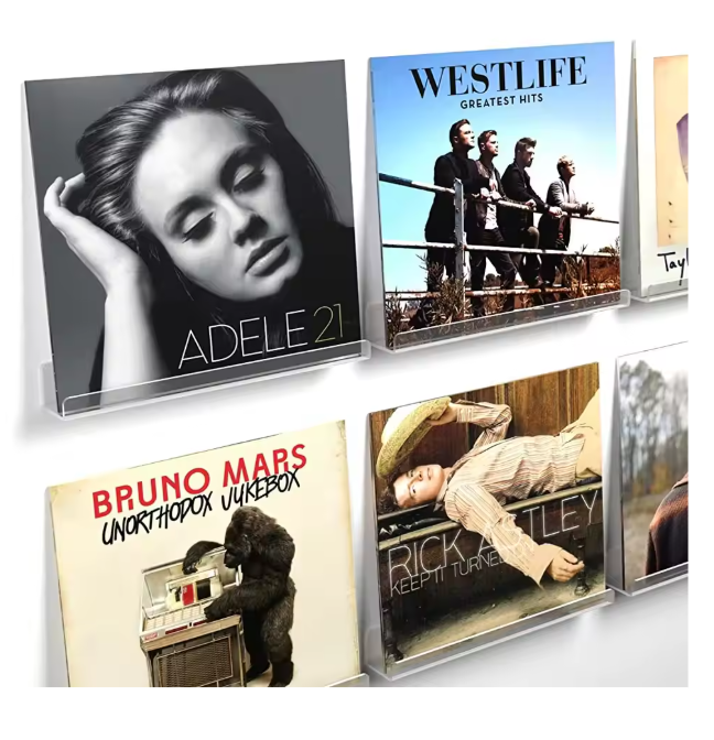 Set van 6 Transparante Acryl Wandrekken voor LP’s – Stijlvolle Platenhouders voor Muurdecoratie