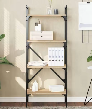 Boekenkast met 4 Planken – Sonoma Eiken Opbergkast van Hout en Staal, Moderne Open Kast voor Woonkamer of Kantoor, 56x31,5x138,5 cm