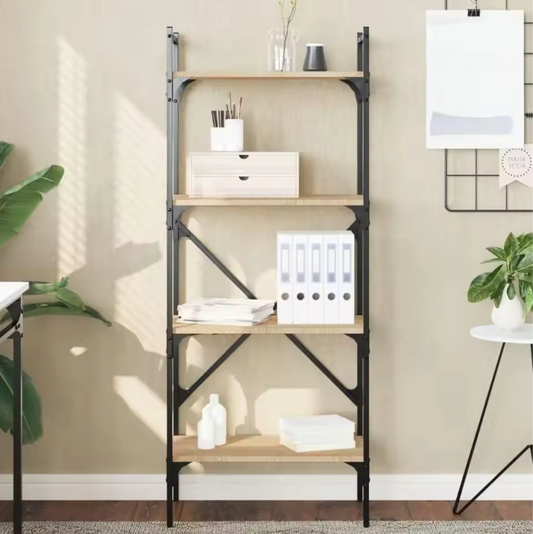 Boekenkast met 4 Planken – Sonoma Eiken Opbergkast van Hout en Staal, Moderne Open Kast voor Woonkamer of Kantoor, 56x31,5x138,5 cm