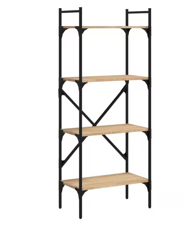 Boekenkast met 4 Planken – Sonoma Eiken Opbergkast van Hout en Staal, Moderne Open Kast voor Woonkamer of Kantoor, 56x31,5x138,5 cm