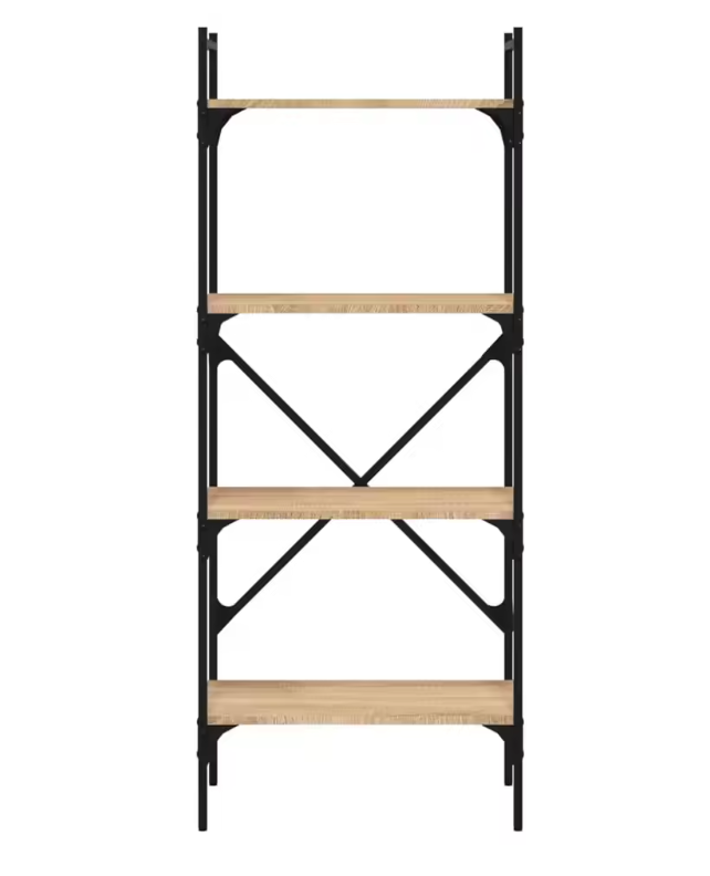 Boekenkast met 4 Planken – Sonoma Eiken Opbergkast van Hout en Staal, Moderne Open Kast voor Woonkamer of Kantoor, 56x31,5x138,5 cm