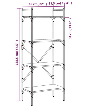 Boekenkast met 4 Planken – Sonoma Eiken Opbergkast van Hout en Staal, Moderne Open Kast voor Woonkamer of Kantoor, 56x31,5x138,5 cm