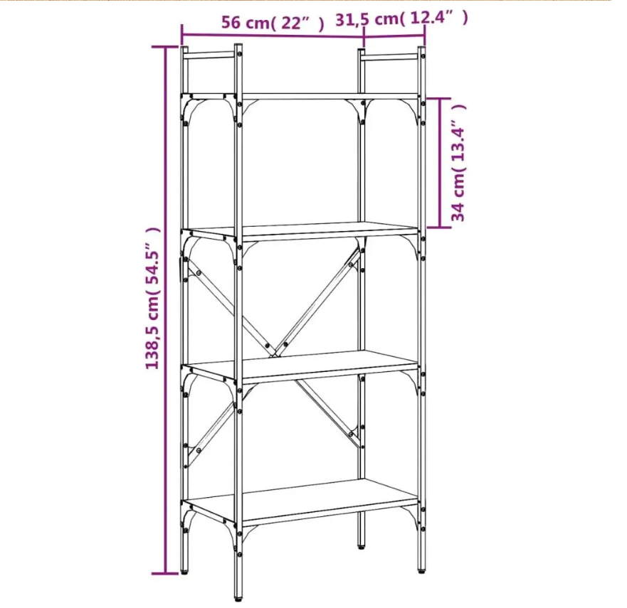 Boekenkast met 4 Planken – Sonoma Eiken Opbergkast van Hout en Staal, Moderne Open Kast voor Woonkamer of Kantoor, 56x31,5x138,5 cm