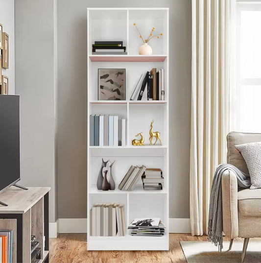 Moderne Vloerstaande Boekenkast met 5 Planken – Witte Houten Opbergkast voor Boeken, Decor en Accessoires