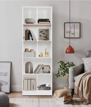 Moderne Vloerstaande Boekenkast met 5 Planken – Witte Houten Opbergkast voor Boeken, Decor en Accessoires