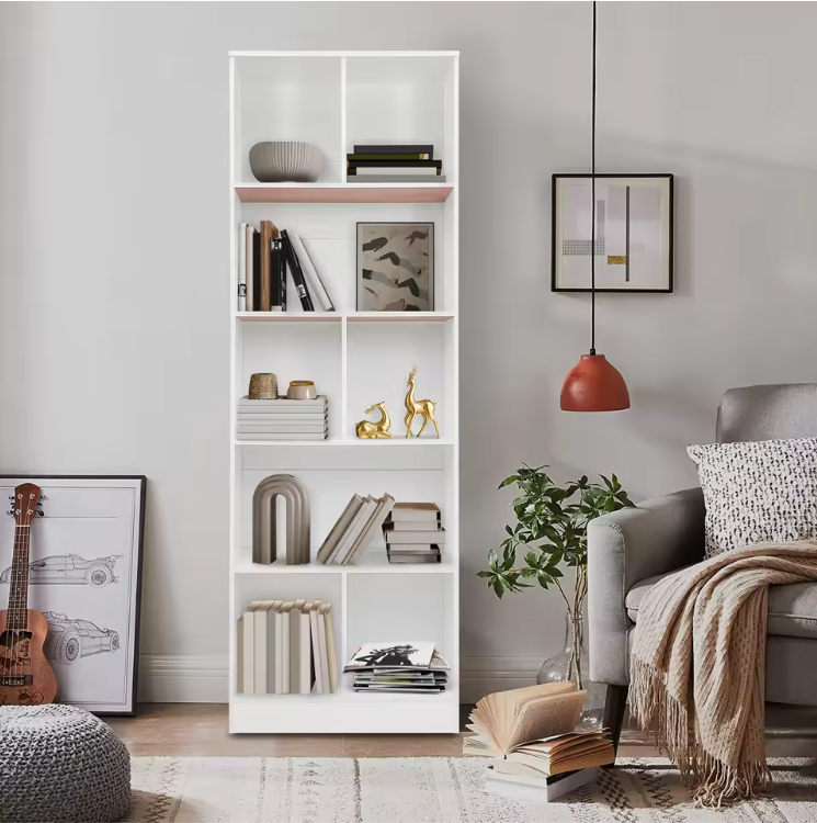 Moderne Vloerstaande Boekenkast met 5 Planken – Witte Houten Opbergkast voor Boeken, Decor en Accessoires