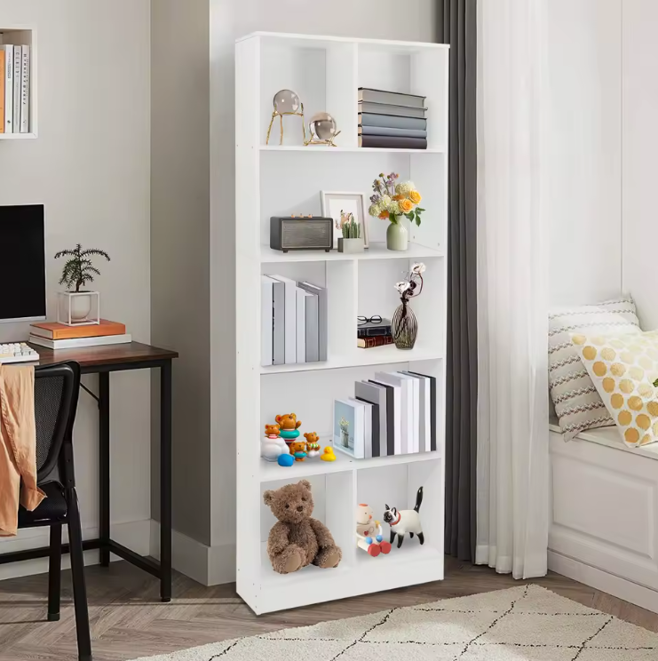 Moderne Vloerstaande Boekenkast met 5 Planken – Witte Houten Opbergkast voor Boeken, Decor en Accessoires