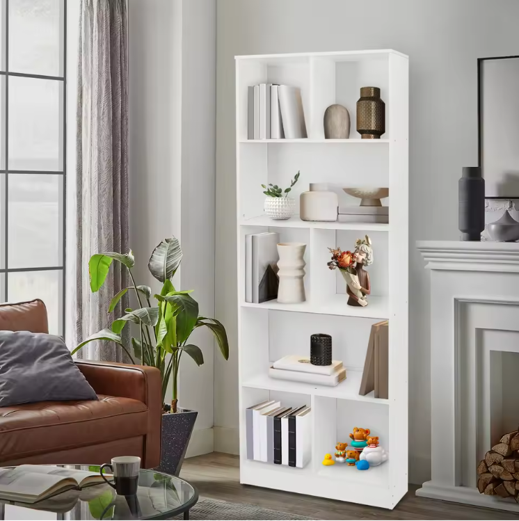 Moderne Vloerstaande Boekenkast met 5 Planken – Witte Houten Opbergkast voor Boeken, Decor en Accessoires