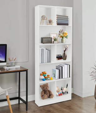 Moderne Vloerstaande Boekenkast met 5 Planken – Witte Houten Opbergkast voor Boeken, Decor en Accessoires