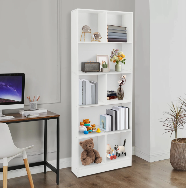 Moderne Vloerstaande Boekenkast met 5 Planken – Witte Houten Opbergkast voor Boeken, Decor en Accessoires