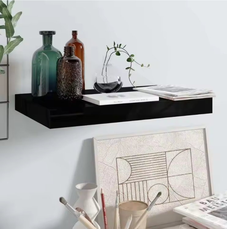 Hoogglans Zwarte Zwevende Wandplank 40x23x3,8 cm – MDF Wandrek met Onzichtbare Bevestiging