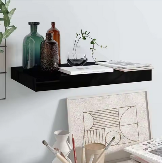 Hoogglans Zwarte Zwevende Wandplank 40x23x3,8 cm – MDF Wandrek met Onzichtbare Bevestiging