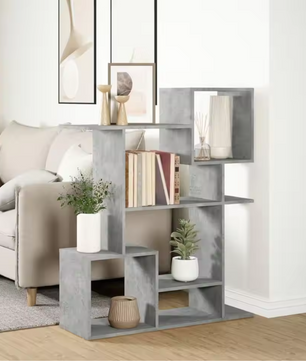 Stevig Betongrijs Kamerscherm Boekenplank – Multifunctioneel Opbergmeubel van Houtcomposiet, 92x29x112 cm