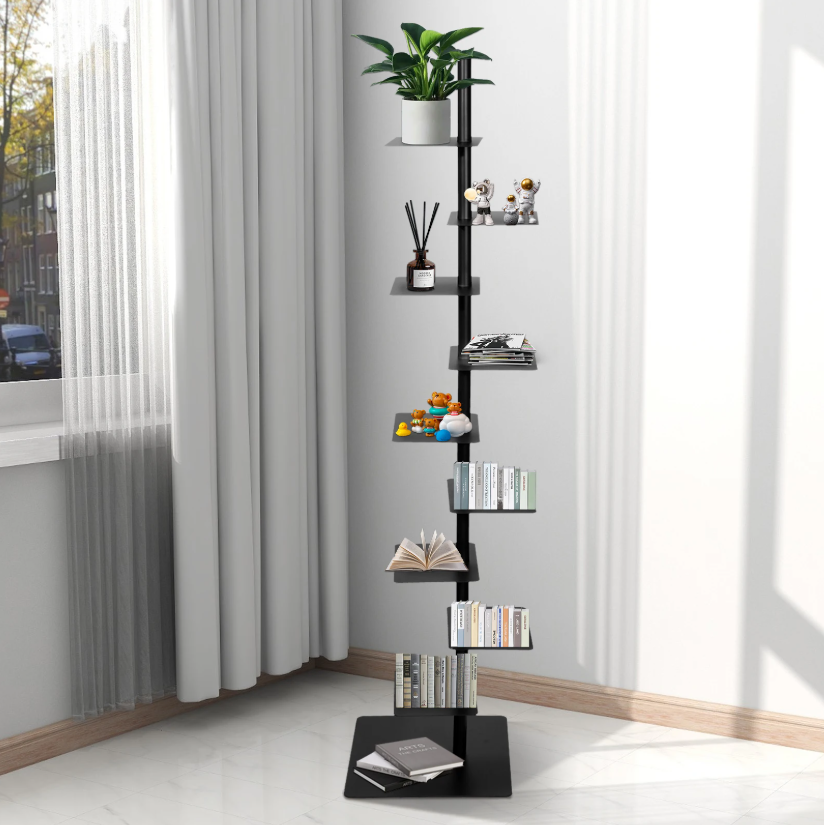 Wervelkolom Boekenplank – Minimalistische Staande Boekenplank Toren met 9 Lagen, Zwart, 39x39x170 cm