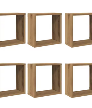 Set van 6 Houten Kubusplanken – Wandplanken in Ambachtelijk Eiken, 30x15x30 cm, Modern Modulair Ontwerp
