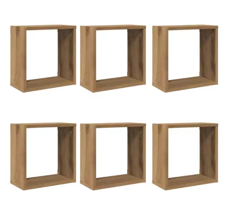 Set van 6 Houten Kubusplanken – Wandplanken in Ambachtelijk Eiken, 30x15x30 cm, Modern Modulair Ontwerp