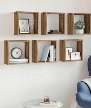 Set van 6 Houten Kubusplanken – Wandplanken in Ambachtelijk Eiken, 30x15x30 cm, Modern Modulair Ontwerp