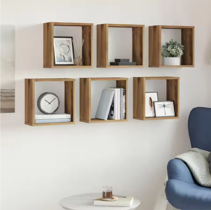 Set van 6 Houten Kubusplanken – Wandplanken in Ambachtelijk Eiken, 30x15x30 cm, Modern Modulair Ontwerp