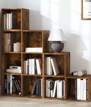 Vrijstaande Houten Boekenkast met 10 Opslagvakken – Modulair Wandrek met 6/10 Kubussen, Rustiek Bruin Design voor Woonkamer, Slaapkamer of Kantoor