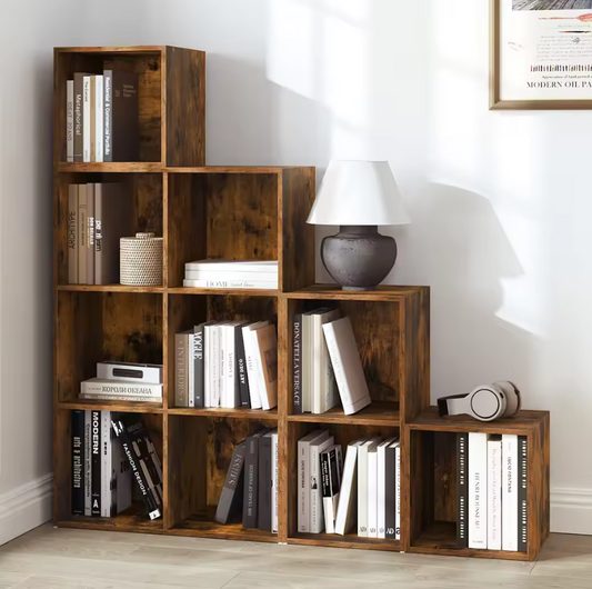 Vrijstaande Houten Boekenkast met 10 Opslagvakken – Modulair Wandrek met 6/10 Kubussen, Rustiek Bruin Design voor Woonkamer, Slaapkamer of Kantoor