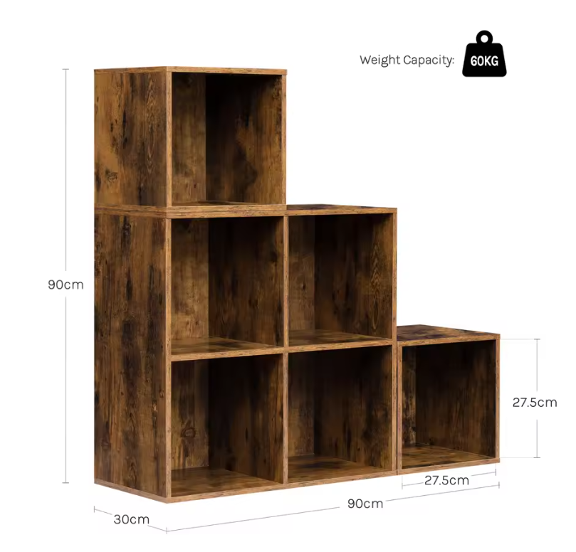 Vrijstaande Houten Boekenkast met 10 Opslagvakken – Modulair Wandrek met 6/10 Kubussen, Rustiek Bruin Design voor Woonkamer, Slaapkamer of Kantoor