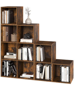 Vrijstaande Houten Boekenkast met 10 Opslagvakken – Modulair Wandrek met 6/10 Kubussen, Rustiek Bruin Design voor Woonkamer, Slaapkamer of Kantoor