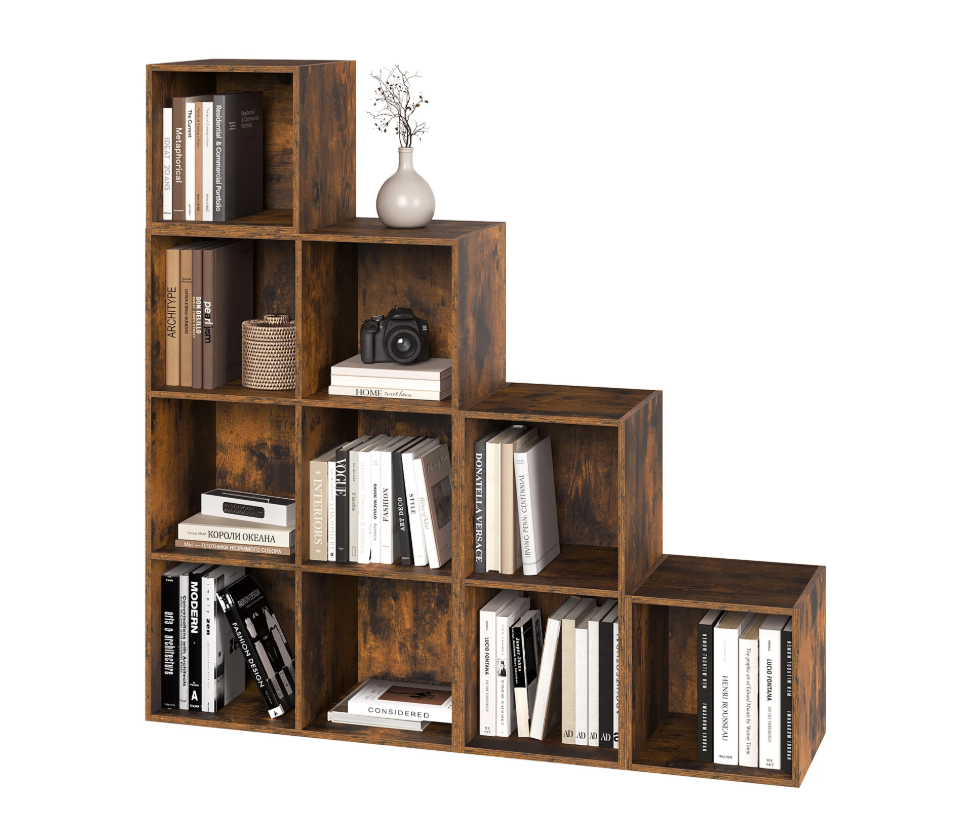 Vrijstaande Houten Boekenkast met 10 Opslagvakken – Modulair Wandrek met 6/10 Kubussen, Rustiek Bruin Design voor Woonkamer, Slaapkamer of Kantoor