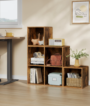 Vrijstaande Houten Boekenkast met 10 Opslagvakken – Modulair Wandrek met 6/10 Kubussen, Rustiek Bruin Design voor Woonkamer, Slaapkamer of Kantoor