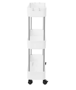 Verplaatsbare Opbergwagen – Witte Smalle 3-Laags Trolley voor Keuken en Badkamer, Met Wielen en Haken, Ruimtebesparend Rek