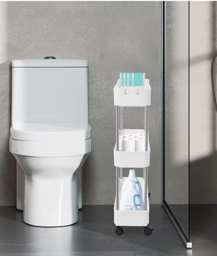 Verplaatsbare Opbergwagen – Witte Smalle 3-Laags Trolley voor Keuken en Badkamer, Met Wielen en Haken, Ruimtebesparend Rek