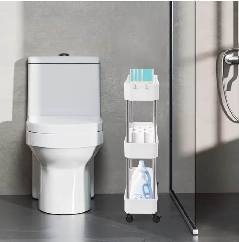 Verplaatsbare Opbergwagen – Witte Smalle 3-Laags Trolley voor Keuken en Badkamer, Met Wielen en Haken, Ruimtebesparend Rek