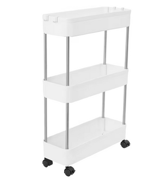 Verplaatsbare Opbergwagen – Witte Smalle 3-Laags Trolley voor Keuken en Badkamer, Met Wielen en Haken, Ruimtebesparend Rek