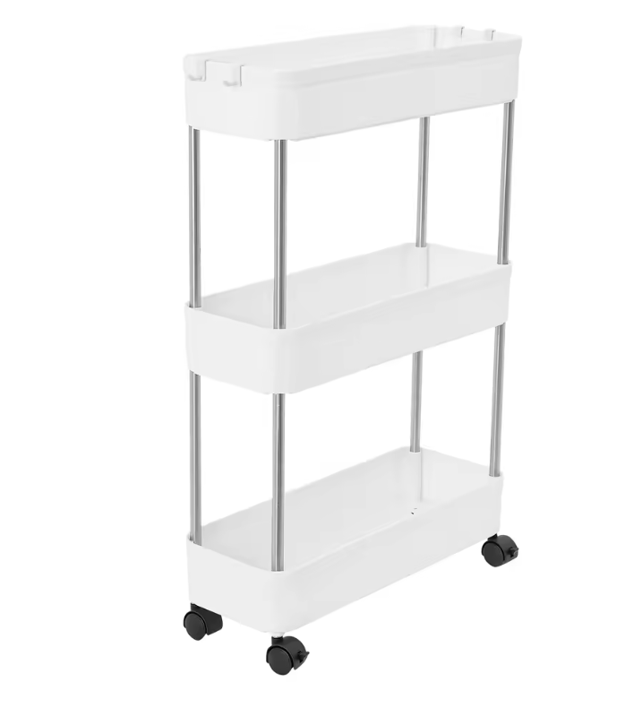 Verplaatsbare Opbergwagen – Witte Smalle 3-Laags Trolley voor Keuken en Badkamer, Met Wielen en Haken, Ruimtebesparend Rek
