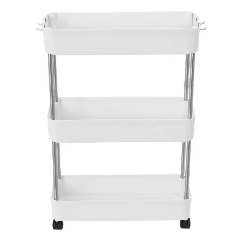 Verplaatsbare Opbergwagen – Witte Smalle 3-Laags Trolley voor Keuken en Badkamer, Met Wielen en Haken, Ruimtebesparend Rek