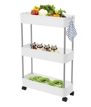Verplaatsbare Opbergwagen – Witte Smalle 3-Laags Trolley voor Keuken en Badkamer, Met Wielen en Haken, Ruimtebesparend Rek