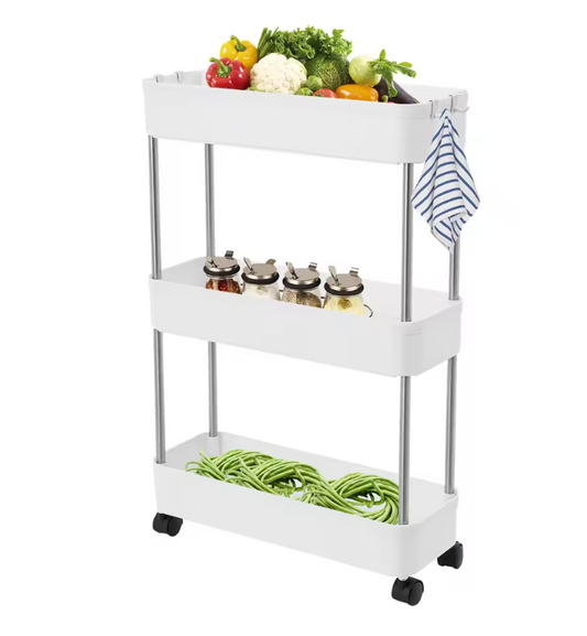 Verplaatsbare Opbergwagen – Witte Smalle 3-Laags Trolley voor Keuken en Badkamer, Met Wielen en Haken, Ruimtebesparend Rek