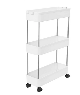 Verplaatsbare Opbergwagen – Witte Smalle 3-Laags Trolley voor Keuken en Badkamer, Met Wielen en Haken, Ruimtebesparend Rek