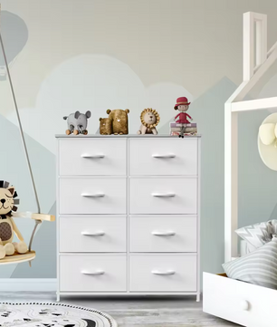 Kindergarderobe met 8 Stoffen Lades – Stalen Frame en Houten Bovenblad, Ruime Opbergkast voor Slaapkamer en Kinderkamer