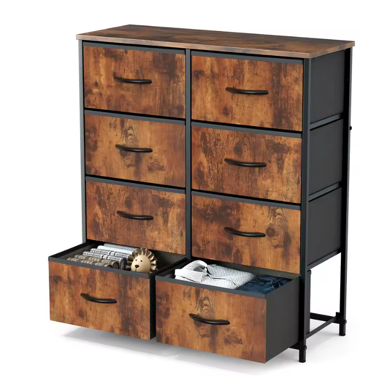 Kindergarderobe met 8 Stoffen Lades – Stalen Frame en Houten Bovenblad, Ruime Opbergkast voor Slaapkamer en Kinderkamer