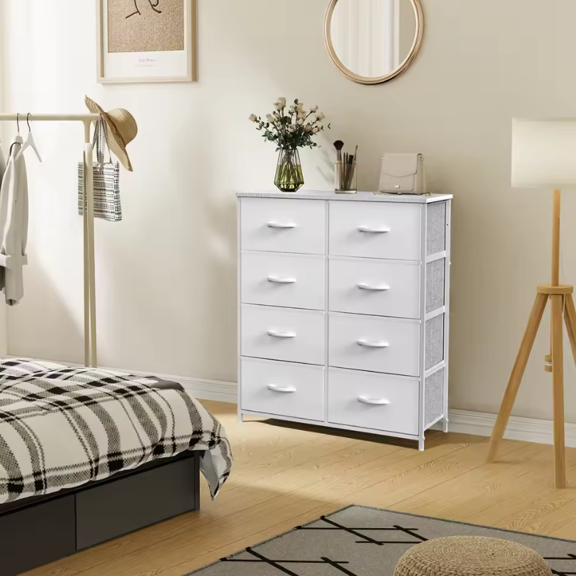 Kindergarderobe met 8 Stoffen Lades – Stalen Frame en Houten Bovenblad, Ruime Opbergkast voor Slaapkamer en Kinderkamer