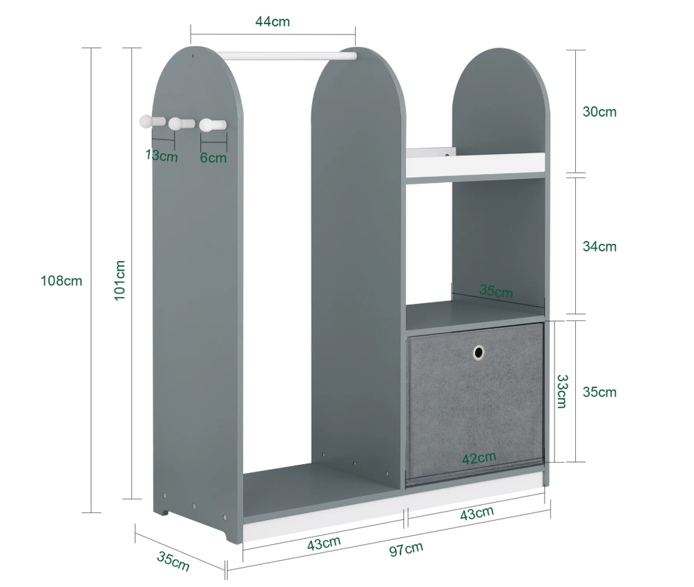 Kindergarderobe met 3 Haken en Jurkstok – MDF Opbergkast voor Kinderen