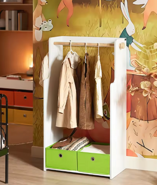 Kindergarderobe met 2 Haken en Opberglades – MDF en Bamboe Kast voor Kinderkamer