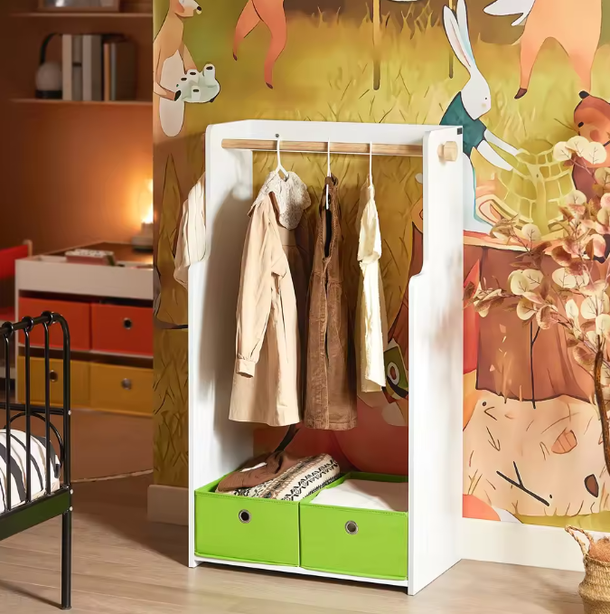 Kindergarderobe met 2 Haken en Opberglades – MDF en Bamboe Kast voor Kinderkamer