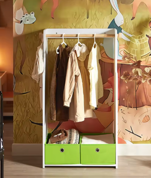 Kindergarderobe met 2 Haken en Opberglades – MDF en Bamboe Kast voor Kinderkamer