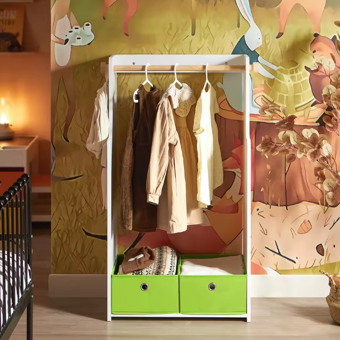 Kindergarderobe met 2 Haken en Opberglades – MDF en Bamboe Kast voor Kinderkamer